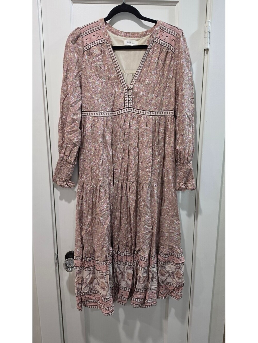 böhme Pink Floral Long Sleeve Midi Dress Size L
